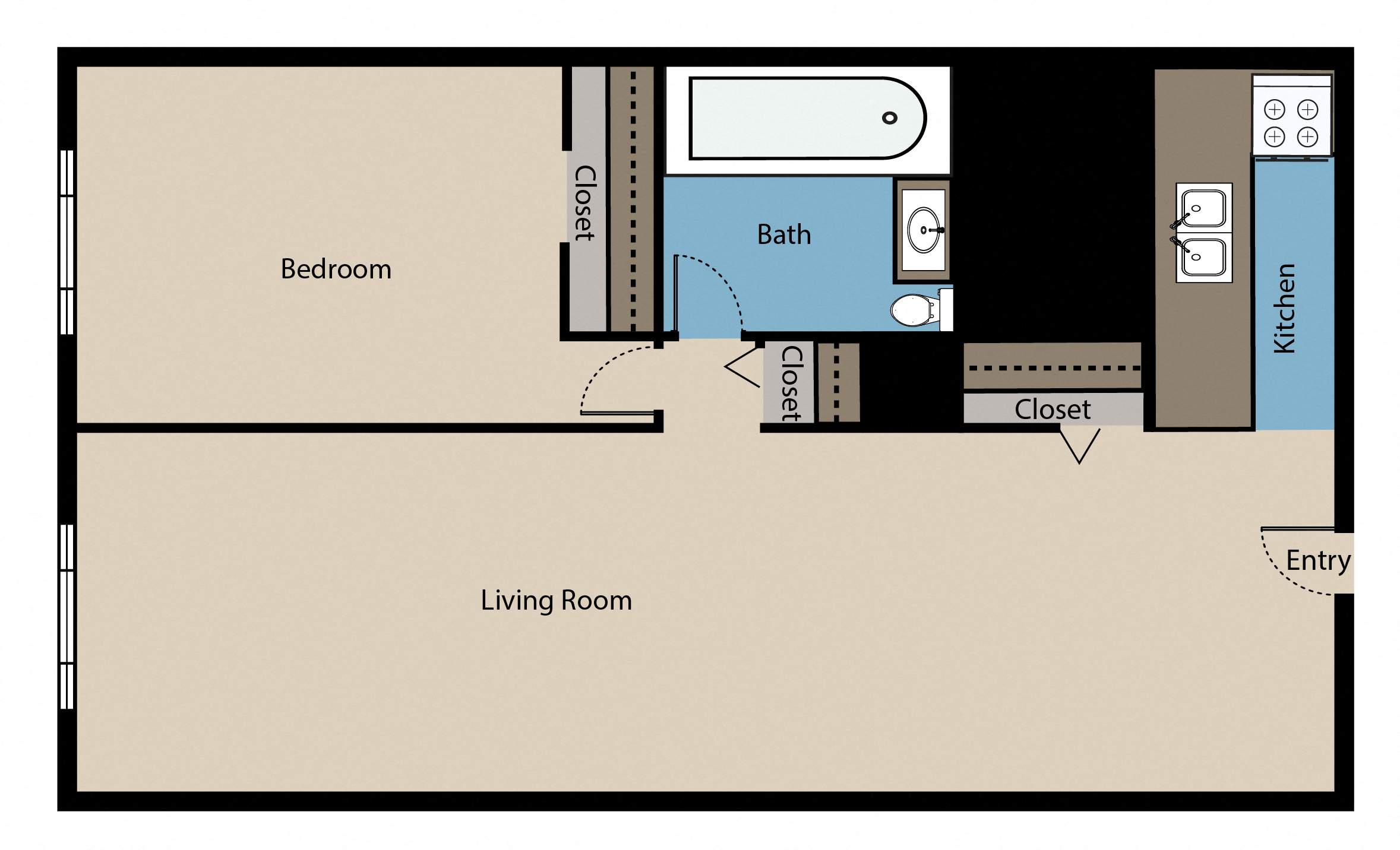 Floor plan for 1 bed, 1 bath, 600 sqft